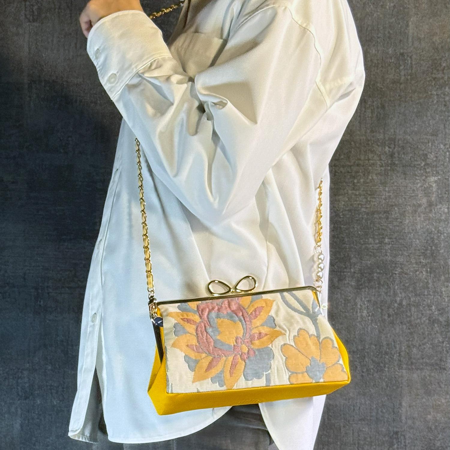 《花葉色唐草》横型がま口お散歩ミニショルダー〈正絹・着物帯リメイク〉 | 6枚目