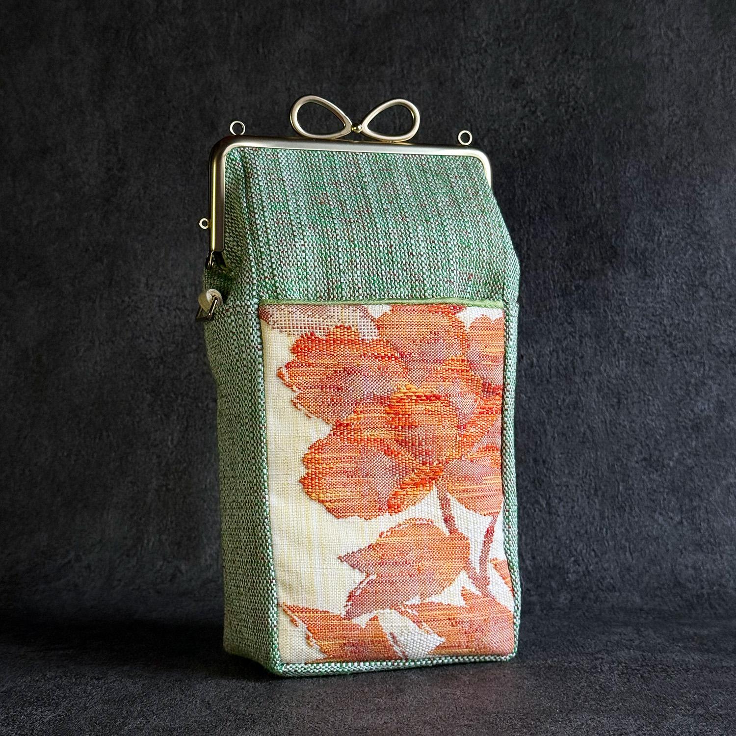 《翠芍薬》縦型がま口お散歩ミニショルダー（大）〈正絹・着物帯リメイク〉