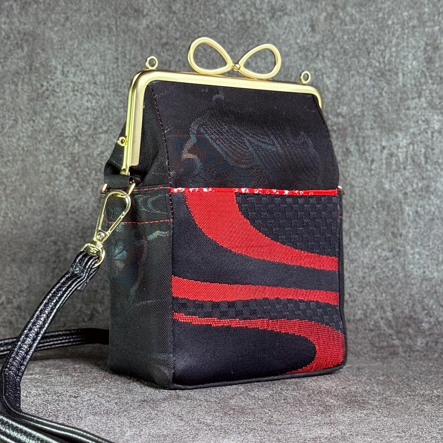 《浅緋流水》縦型がま口お散歩ミニショルダー（小）〈正絹・着物帯リメイク〉