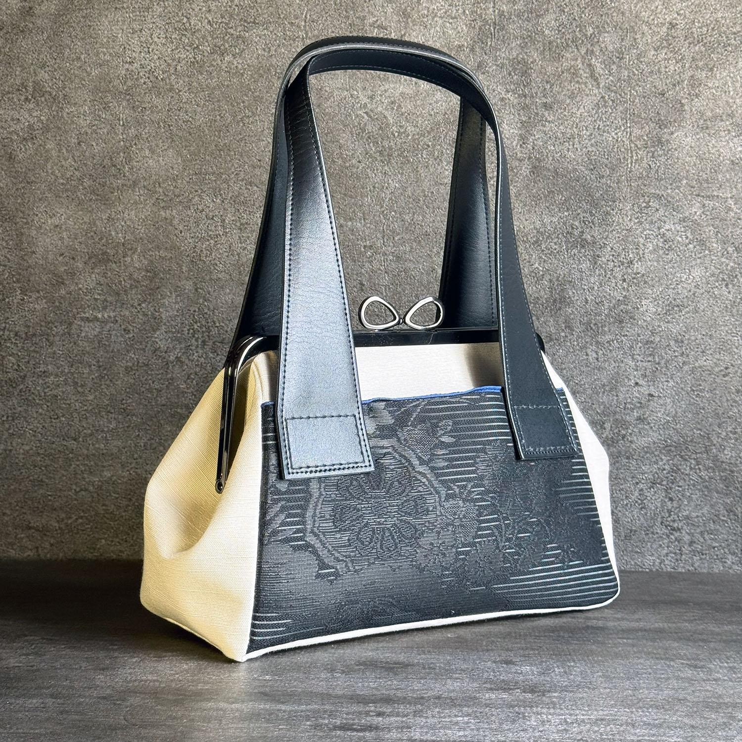 《墨花車》がま口ハンドバッグ〈着物・帯リメイク〉